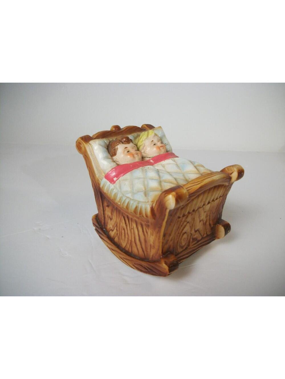 Vintage NORLEANS Japan Porcelain Two Babies in Cradle Rocking Musical Figurine